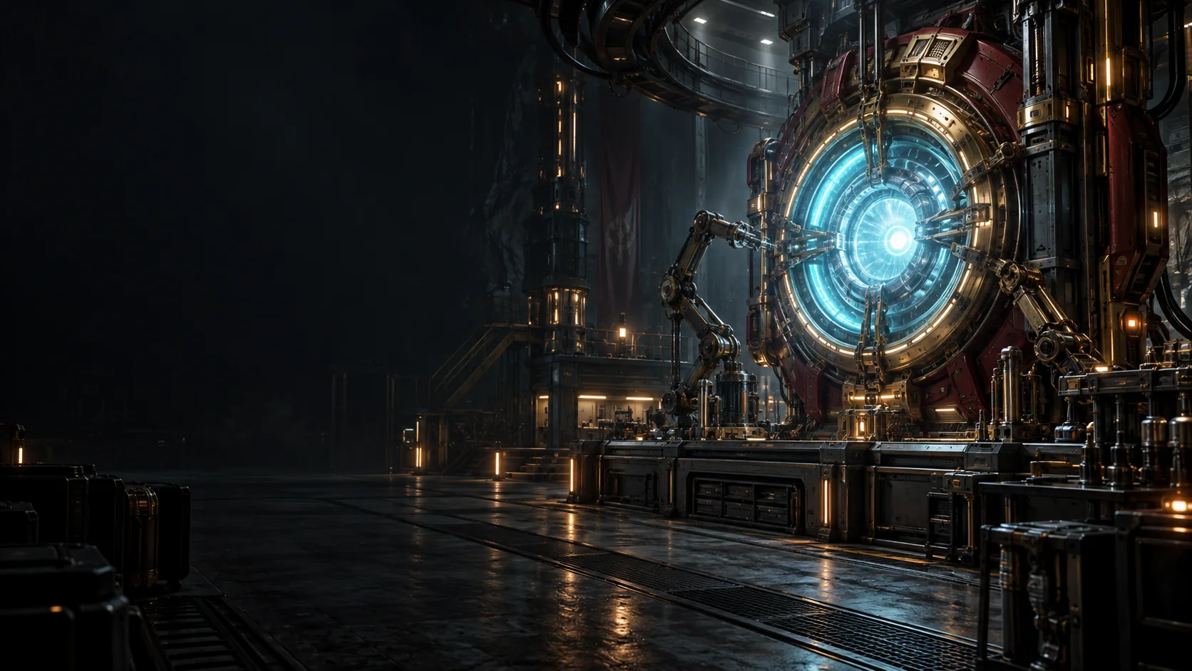 A glowing reactor inside a red and gold engineering workshop