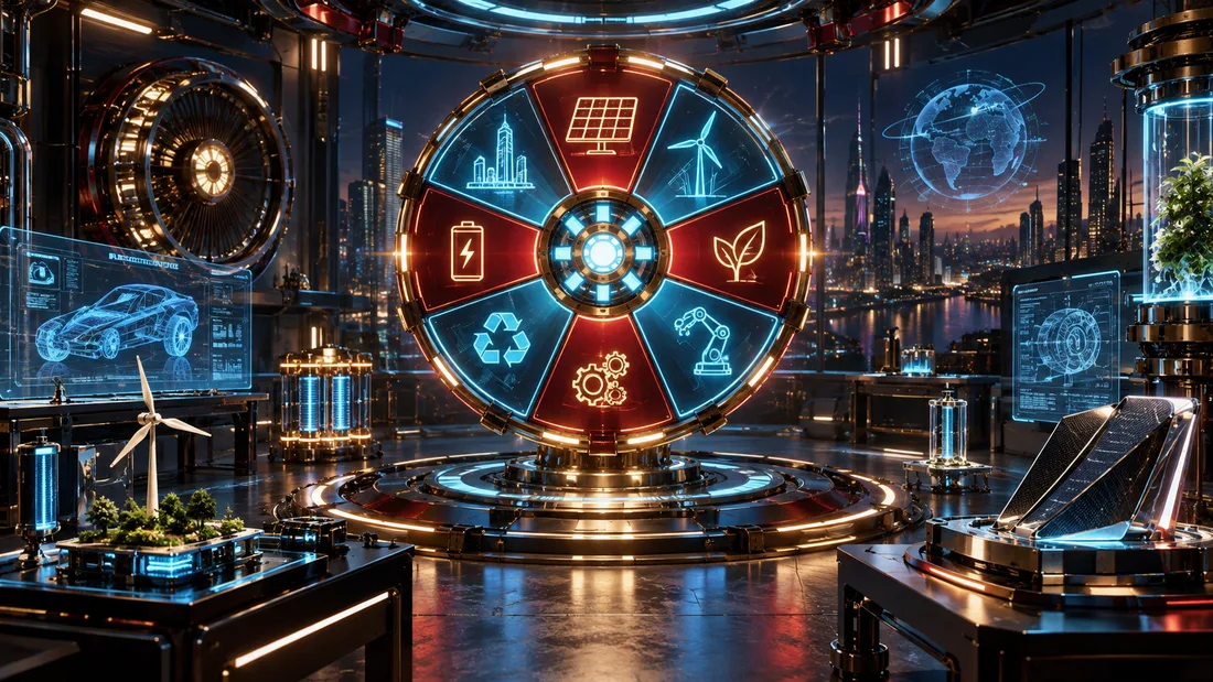 A futuristic roulette wheel surrounded by sustainability prototypes